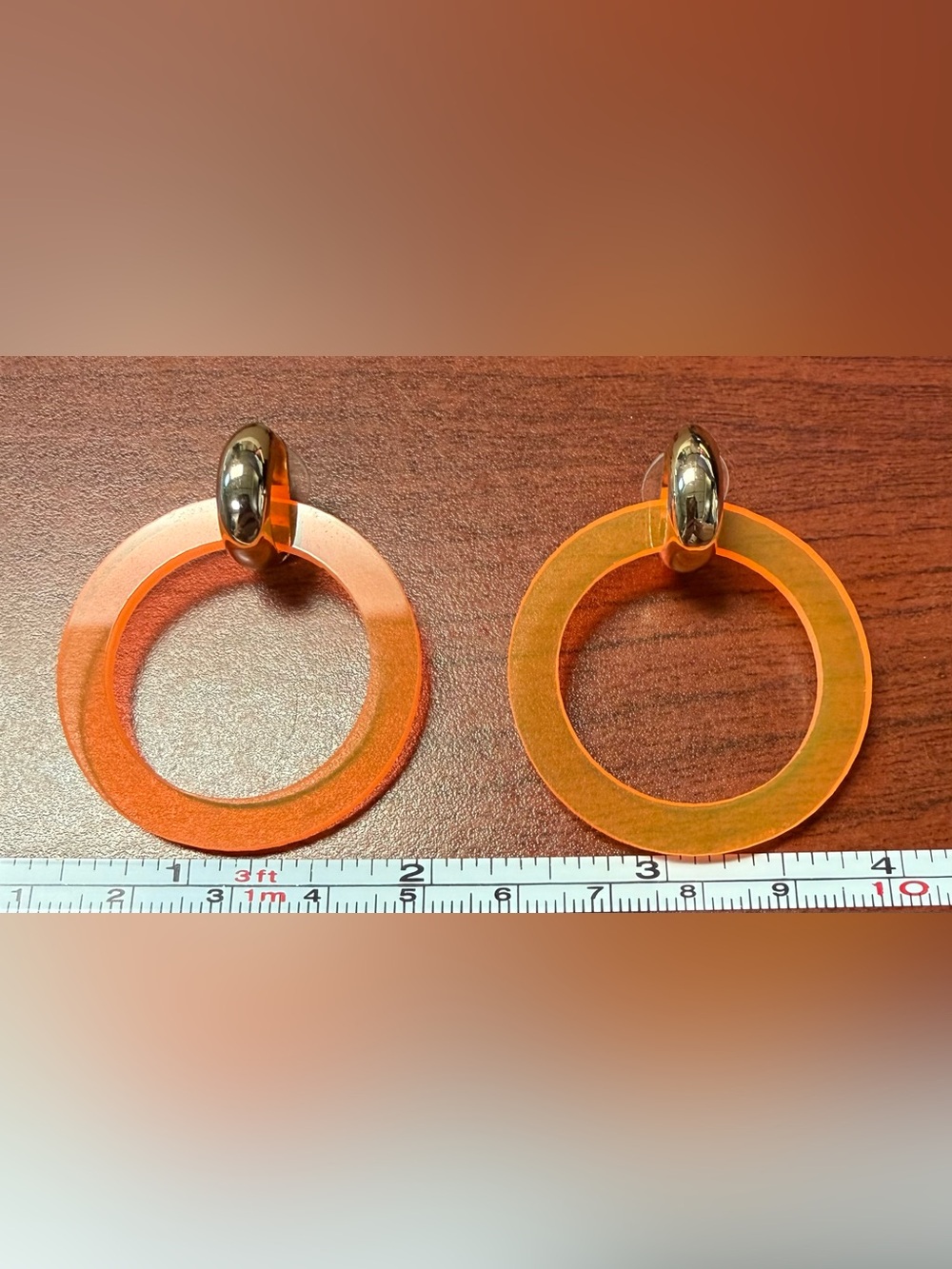 Striking Neon Translucent Orange Lucite Door Knocker Earrings
